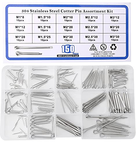 150 Pcs 304 Stainless Steel Cotter Pins Assortment Kit, M1-M3 Heavy Duty Split Cotter Pins Assorted, 15 Sizes, for Automotive Mechanics, Small Engine Repair, Farm Trucks, Cars, Garden Equipment