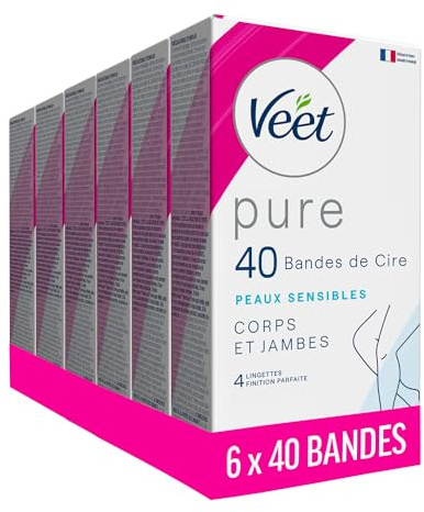 Veet PURE - 240 Bandes de Cire Froide Corps et Jambes - Peaux Sensibles - Recommandés par les Dermatologues - Epilation Longue Durée - Lot de 6x40 bandes