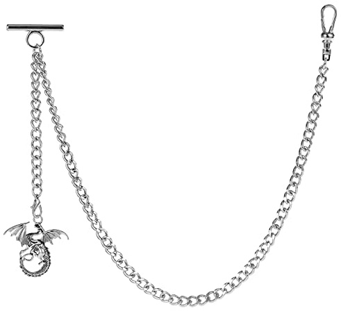 ZTA Albert Kette Taschenuhr Kette Weste Kette für Männer FOB T BAR mit Schwenkverschluss mit Altes Drachendesign Anhänger FOB Charme