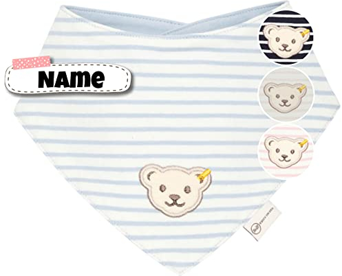 Steiff Baby Halstuch mit Name | BIO Baumwolle | Steiff personalisiert Dreieckstuch | 0-4 Jahre | Druckknopf | Halstuch Baby Geschenk (Streifen celestial blau weiß)