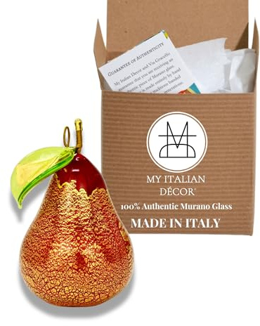 Red Opaque Pear Hand Blown Murano Glass Ornament, 3, Fruit Ornaments for Christmas Tree, Fruit Decor, Decorative Fruit, Faux Pear Fruit Christmas Ornament, Made in Italy