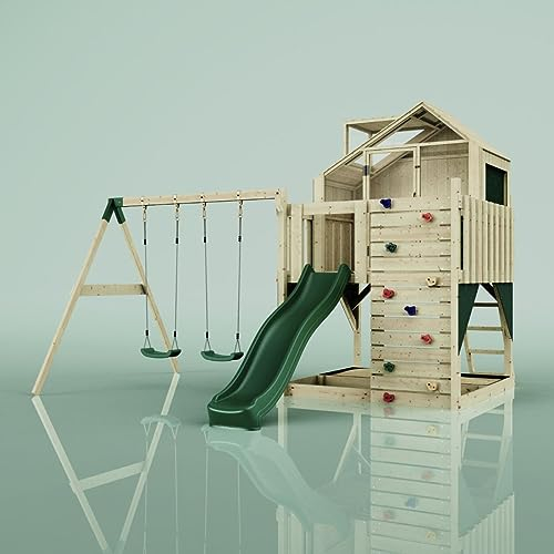 Rebo Spielturm mit Spielhaus inkl. Wellenrutsche und 2X Kinder-Schaukel, Outdoor Klettergerüst Garten,Smaragdgrün