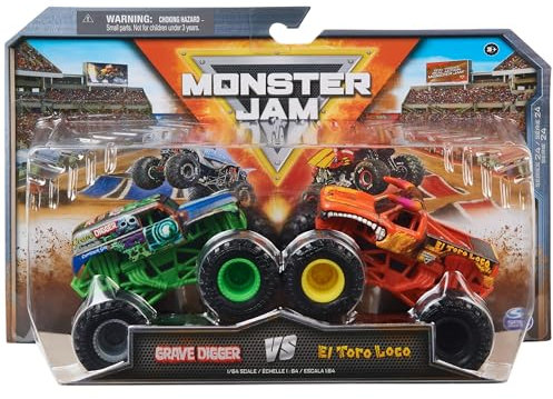 Monster Jam, Grave Digger Vs. El Toro Loco Camiones monstruos fundidos, escala 1:64, juguetes para niños a partir de 3 años