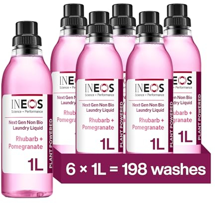 INEOS Next-Gen Non Bio Laundry Washing Liquid Detergent, 198 Washes (6 x 1L), High Performance Stain Remover For Clothes, Plant Powered, For Sensitive Skin, Rhubarb + Pomegranate, Packaging May Vary