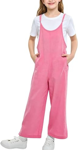 Rolanko Girls Jumpsuit Adjustable Spaghetti Strap Loose Overalls Rompers, Cotton Baggy Plain Playsuits with Pockets for Age 5-12 Years, Pink, Size: 6-7 Years, 130