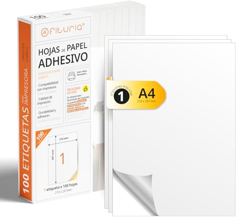 A4-Bögen mit weißen selbstklebenden Etiketten, Erstellen Sie Ihre eigenen individuellen, Sicherer selbstklebender A4-Papier, Selbstklebendes Etikett zum Bedrucken - Ofituria (1 pro Blatt, 100 Bögen)