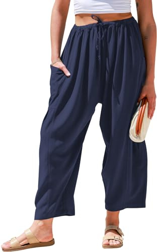 TARSE Womens Linen Wide Leg Pants Casual Palazzo Harem Pants with Pockets