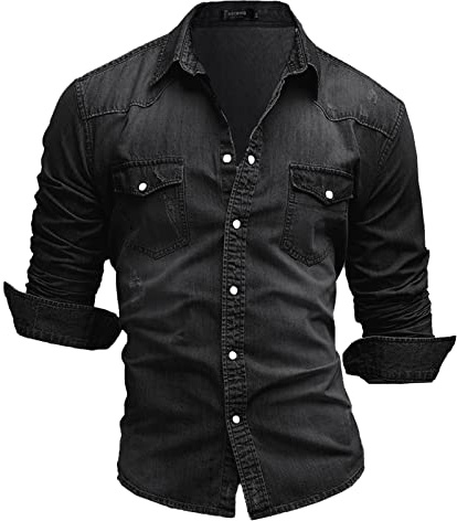 Rodawu Mens Denim Shirt Stretch Cotton Cowboy Button Down Casual Jacket Muscle Fit Black L