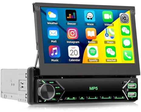 SIXWIN Radio de Coche 1 DIN con Sistema Manos Libres Bluetooth,Pantalla de 7 Pulgadas Abatible Estéreo de Coche con Radio FM/SWC/Mirror Link/USB