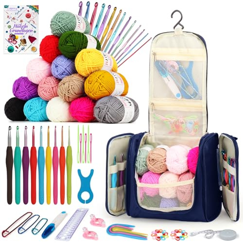 Coopay Juego de ganchillo portátil para principiantes, juego completo de agujas de ganchillo con agujas de ganchillo ergonómicas de 2,0-10 mm, 15 colores de lana para ganchillo, instrucciones
