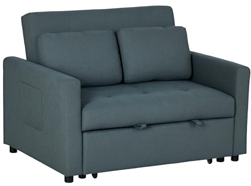 HOMCOM 2 Seater Sofa Bed, 120 cm Convertible Bed Settee, Modern Fabric Loveseat Sofa Couch with 2 Pillows, Side Pockets for Living Room, Guest Room, Charcoal Grey