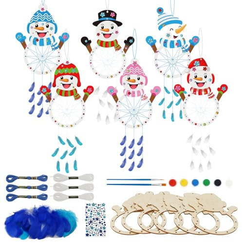 LAMEK 6 Sets Schneemann Traumfänger Bastelset Weihnachten Kreativsets zum Bemalen Kreativ Kunsthandwerk Kinder Holz Weihnachtsbasteln Weihnachtsdeko für Jungen Mädchen Winter Weihnachtsbaum Fenster