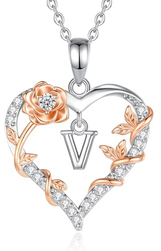 EUDORA Harmony Ball Collares con Iniciales Colgante de Corazon Iniciale Letra V para Mujer, Colgantes Letras Inicials V Rosas con Zirconia Cúbica Nombre 26 Monograma Joyería Regalos para Mujer,18