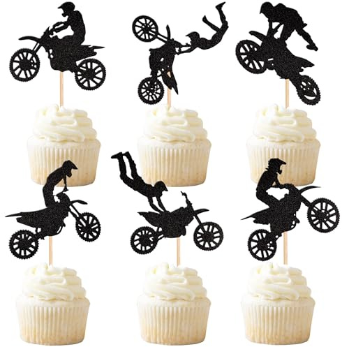 Xsstarmi 24 Pack Motorcycle Cupcake Toppers Glitter Motocross Dirt Bike Cupcake Picks for Sports Motocross Theme Man Boy Birthday Party Cake Decorations Supplies Black