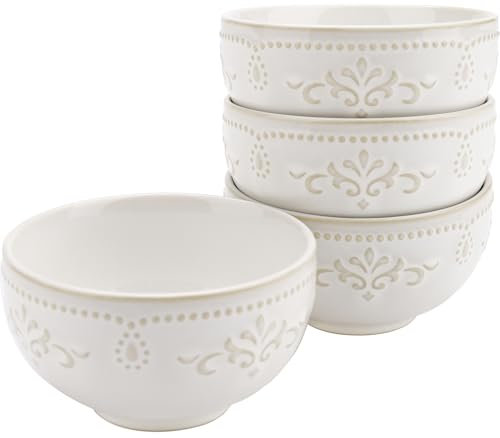AmiCera Cereal Bowl, 750ml Dessert Bowls, 15.5cm Courtly Floral Pattern Large Bowls, Set of 4, Ceramic Bowl for Rice Soup Salad Snack,White and Gold, Dishwasher & Oven Safe, Microwavable