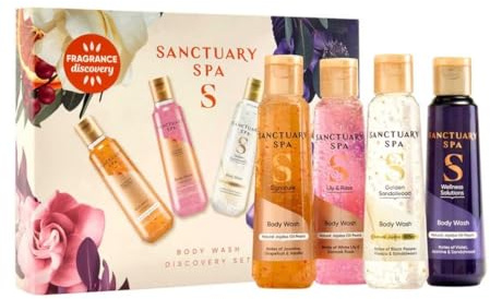 NEW Sanctuary's Body Wash Discovery Set, 4 Fragrances: Signature, Lily & Rose, Golden Sandalwood, Wellness scent of Violet|