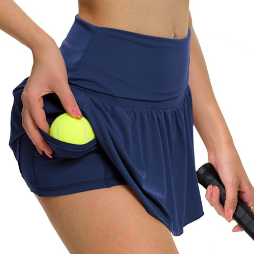 Eisnnu Damen Tennisröcke Lässig Faltbar Elastische Taille Tennisrock mit Taschen Sport Golfrock mit Shorts Darunter