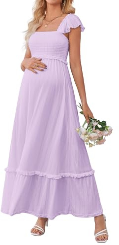 OUGES Damen 2026 Sommer Stillkleid Rüschenärmel Boho Maxi Umstandskleid für Babyparty Fotoshooting Schwangerschaftsmode
