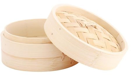 Vaporera china de bambú con tapa, 10/15/20 cm, pequeña cesta de vapor de bambú, cesta de vapor de albóndigas, vaporizador chino para mariscos y verduras (20 cm)