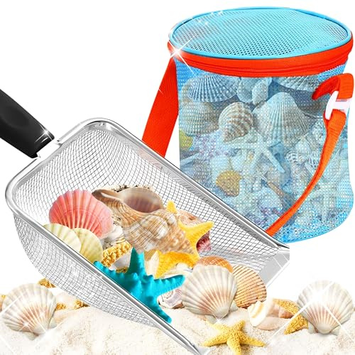 Strand Mesh Schaufel mit Mesh Beach Bag Muschel Aufbewahrungstasche Filter | Strand Mesh Schaufel mit Mesh Beach Bag für Muscheln Sammeln Filter Sand Scooper Zum Aufsammeln von Muscheln am Strand