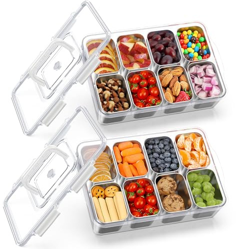 JINDUN Snackbox mit 8 Edelstahl Fächern, 2 Stück Snackteller mit Griff und Einzelnen Deckeln, Verhindert Geruchsübertragung Ldeal, Leicht zu Reinigen für Verschiedene Früchte und Snacks Sowie Gewürze