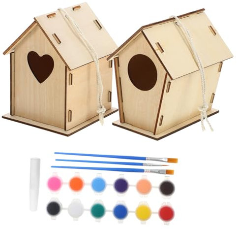 ibasenice 1 Satz DIY Holz Vogelhaus Bausatz für Farben Pinsel Kleber und Juteschnur Kreatives Graffiti Bastelset für Vogelbeobachtung und Dekoration