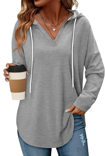 CHICZONE Hoodies for Women Ladies Jumpers Long Sleeve Tops Drawstring V Neck Pullover Sweatshirt Tunic Clothes Grey
