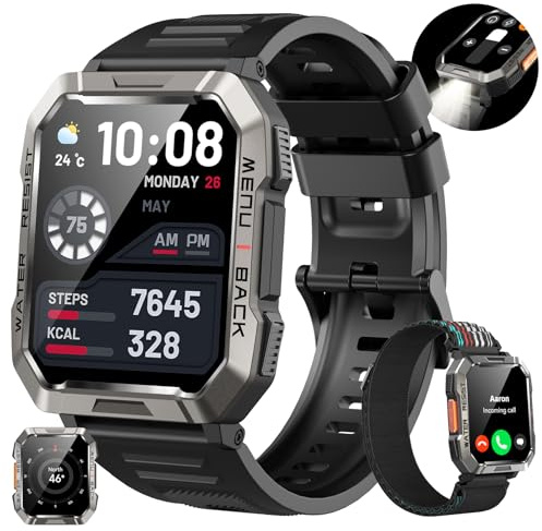Smartwatch Herren Militär, 100 Tage Akku,Sportuhr mit Bluetooth-Anrufe,LED Taschenlampe,Kompass,100+ Sportmodi Fitness-Tracker,Herzfrequenz-SpO2-Schlaf-Monitor,2 Armbändern,Outdooruhr für Android iOS