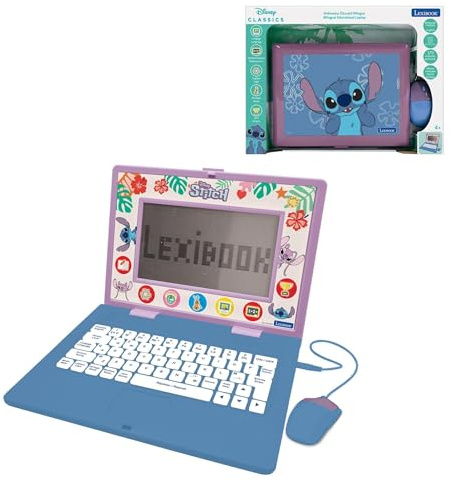 Lexibook, Disney Stitch, franska/engelska tvåspråkig pedagogisk bärbar dator, barnleksak, 170 aktiviteter att lära sig, spel och musik, stor skärm, blå/lila, JC599Di1LXB
