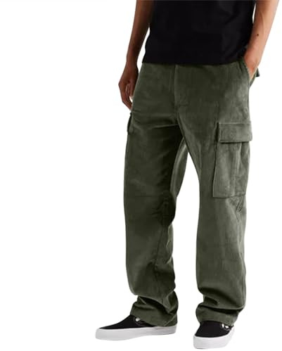 Pantalones de pana para hombre, cargo multibolsillo, holgados, cintura elástica con cordón, pierna recta, pantalones de pana monocolor, estilo vintage, ropa de calle, informales, pantalones cargo, a