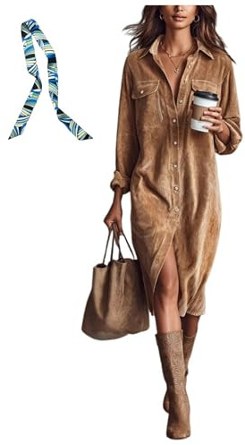 INLANDSIS Robe mi-longue en velours côtelé à manches longues pour femme, robe décontractée avec revers et poches, marron, XXL