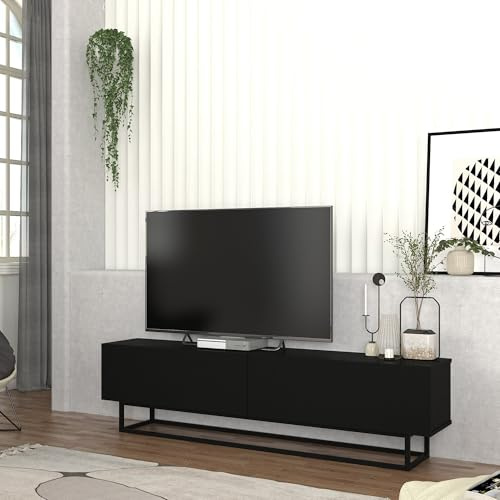 [en.casa] Mobile Porta TV a 2 Ante Ribalta e Telaio in Metallo Stand Centro Multimediale con 2 Scomparti Supporto Televisore Mobile Contenitore per Soggiorno 180x32x47 cm - Nero