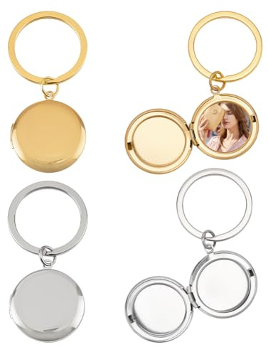 FINGERINSPIRE 4PCS Médaillon Photo Rond pour Porte-clés 62mm de Long Porte-clés Médaillon Photo Acier Inoxydable Couleur Or et Acier Inoxydable Forme Ronde Charme Médaillons Pendentif pour DIY Cadeaux