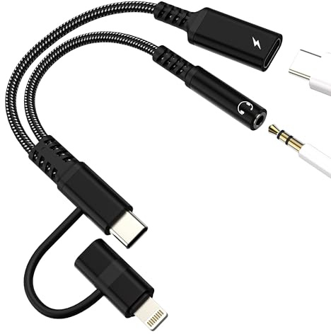 USB-C Splitter Adapter 3.5mm Jack AUX Headphone Cable Lightning Audio for iPhone 17 16 15 14 13 Pro Max Compatible with Samsung S25 S24 Dual Port DAC Charging Converter Charger Adaptor Wired Connector