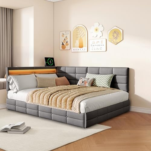 KOOPMAD Doppelbett mit Stauraum,Polsterbett Schlafsofa 140x200,Schubladenbett mit LED und USB,Jugendbett,Gästebett Daybett Tagesbett,Kinderbett, Bettgestell mit Lattenrost,Ohne Matratze (Grau-B)