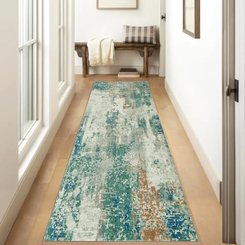 Siunwdiy Waschbarer Läufer Teppich Flur 140x200cm Küchenläufer,Teppichläufer rutschfest,Abstrakter Teppich Grün Flurteppich Läufer Lang Flurläufer für Küchen Korridor Bettvorleger Schlafzimmer