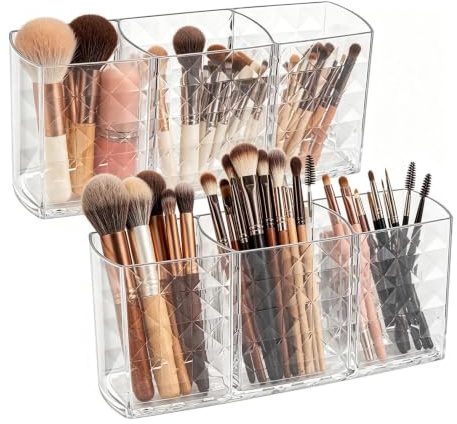 SHILIUZHI 3-Compartments Crystal Makeup Brush Holder, Cosmetic Organiser, Acrylic Makeup Brush Organiser for Eyeliners, Lipstick, Mascara and More Make-Up Storage