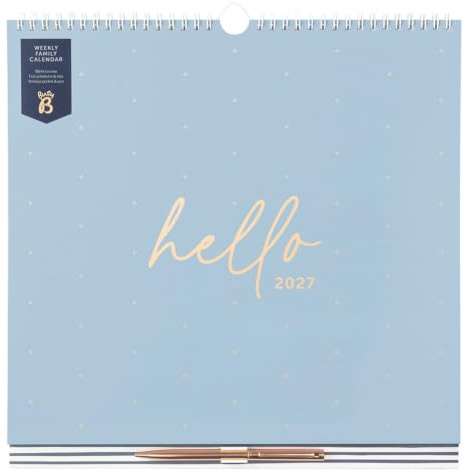 Busy B 2027 Weekly Family Wall Calendar - Powder Blue - Pen, Lists & Pocket | The Busy B Weekly Family Wall Calendar in Powder Blue includes a pen, tear-off lists, stickers & storage pocket.