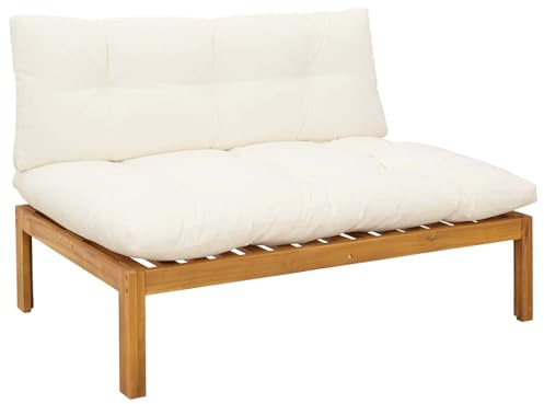 Qnhdfrt Mittelsofa aus Akazienholz massiv für Garten und Terrasse - Modulares Sofa-Mittelteil mit Polster in Cremeweiß, Holzsofa Outdoor Lounge Sessel, 120 x 80 x 82 cm