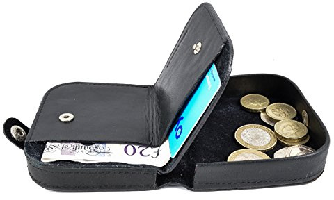 Quality Cow Calf Leather Coin Tray Purse Wallet with Card and Notes Section (Black)
