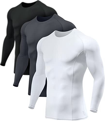 ATHLIO Men's UPF 50+ Long Sleeve Compression Shirts, Water Sports Rash Guard Base Layer, Athletic Workout Shirt, 3pack Black/Charcoal/White, Large
