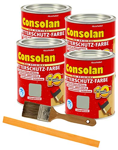 Consolan Wetterschutzfarbe deckend Holzschutzfarbe Holzfarbe bis zu 10 Jahre wetterbeständig für Holz und Zink Außen inkl. Pinsel (4 x 0,75L, grau)