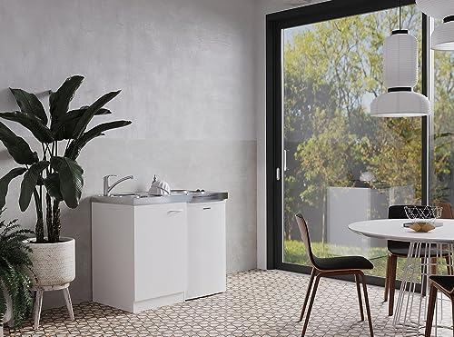 Respekta Levin Miniküche aus Holzwerkstoff / kleine Küchenzeile mit Kühlschrank, Kochfeld und Spüle / 60T x 100B x 87H cm / Weiß