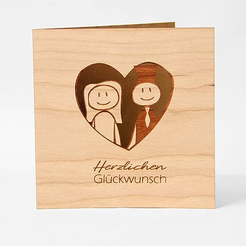 Original Holzgrusskarte - Hochzeitskarte für besondere Glückwünsche zur Hochzeit, Motiv Brautpaar, Kirschholz, Hochzeitsbillet, Glückwunschkarte, Postkarte, Geschenkkarte für Ehepaar