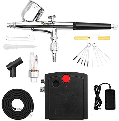 Bonvvie Set de Aerógrafo, Aerógrafo Dual Action para Maquillaje, Pintura, Modelado, Manualidades, Manicuras, Tatuajes, Decoración de Pasteles, Compresor de Aire con Apagado Automático Función