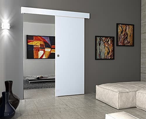 Porta scorrevole esterno muro completa di binario e mantovana con battuta e serratura ROVERE SBIANCATO