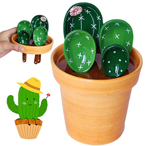 Cactus Measuring Spoons Set in Pot, Cute Ceramic Measuring Spoons and Cups, Kitchen Cacti Spoon with Holder, Baking Measuring Cups Ornaments Gift