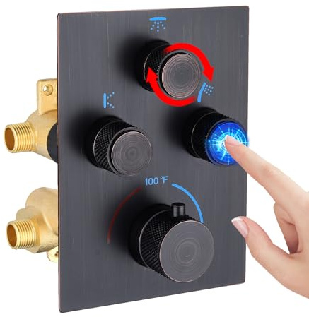 NPYSVSSS Push Button 3 Way Thermostatic Shower Diverter Valve, Concealed 3 Outlet Multi Function Brass Mixer Shower Valve Kit Can Control Flow and On-Off Simultaneously, Oil Rubbed Bronze