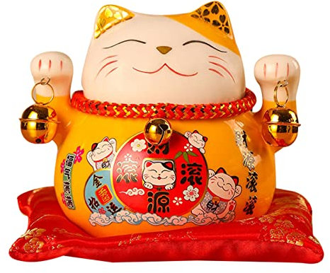 Ceramic Lucky Cat Statue - 4.5 Inch Waving Figurine, Waving Figurine, Rich Decoration to Attract Opening (Yellow)