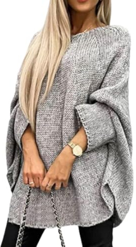 hnomrsk Pull Femme Élégant en Tricot, Cape Manches Chauve-Souris, Pull Automnal à Col Rond, Lâche Poncho Décontracté